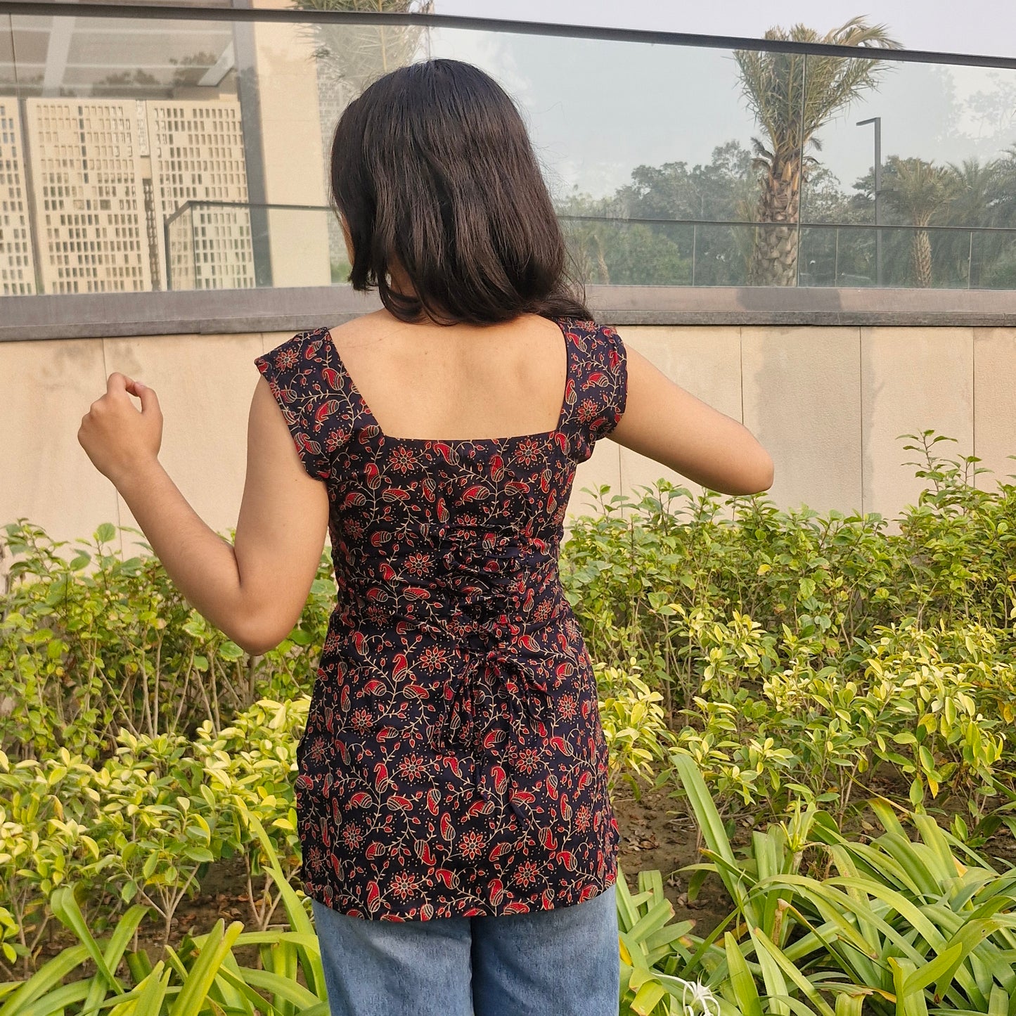 Cotton Sleeveless Short Kurti with Square Neck & Corset Back