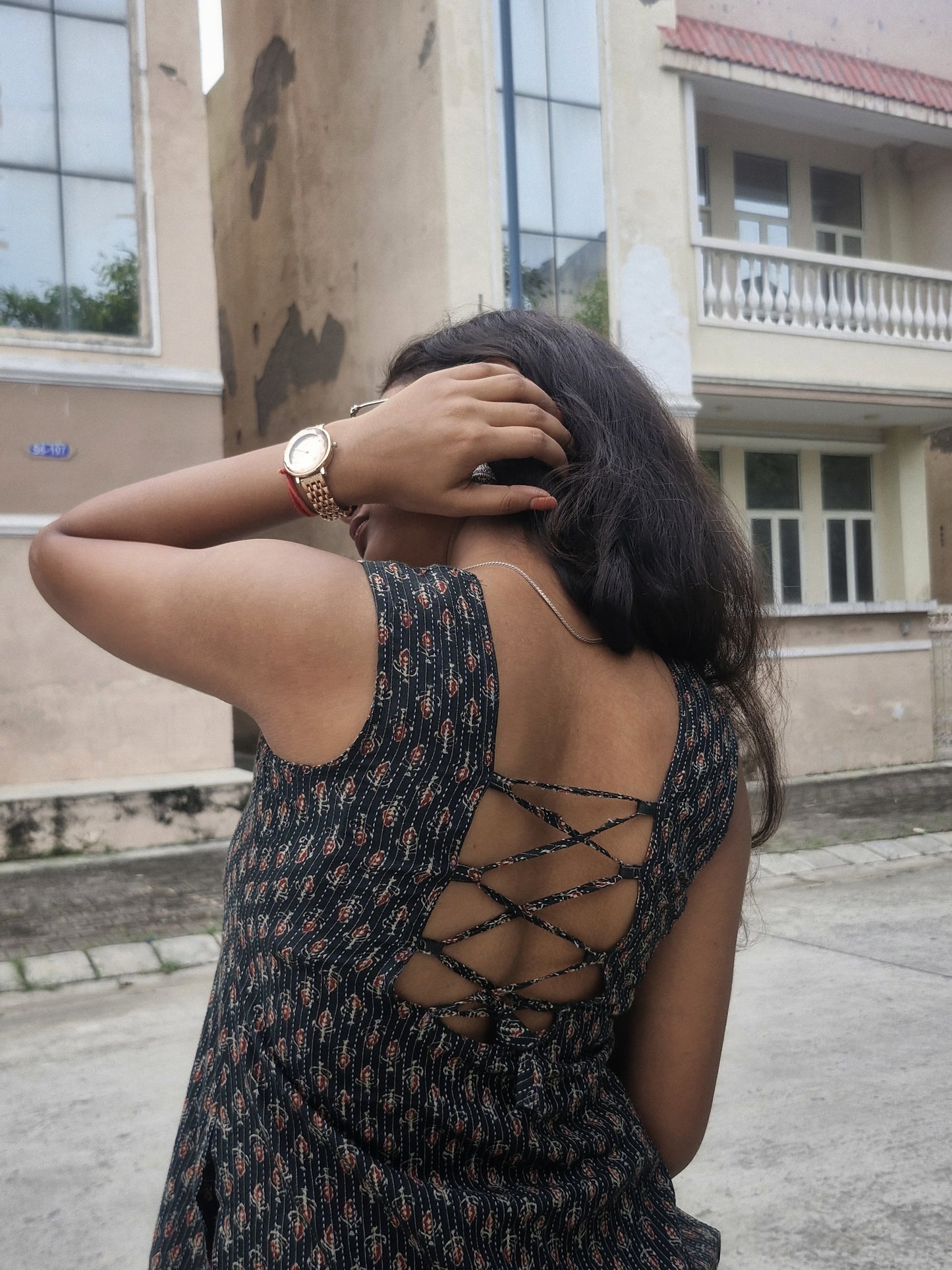 Indiraa - Trending Women’s Backless Short Cotton Kurti | Olive Green Sleeveless Kurti Top for College & Office Wear