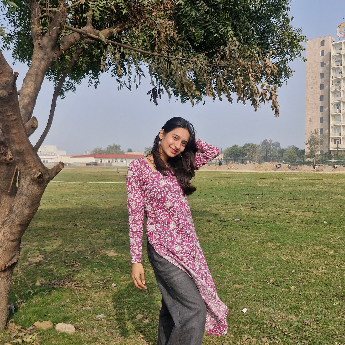 Women Cotton Printed Long Backless Kurti with Square Neck, Full Sleeves & Tie-Up Back