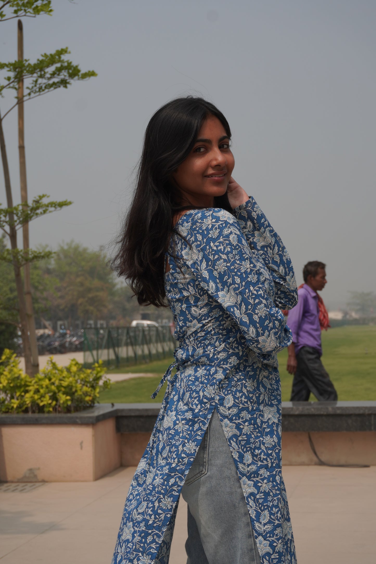 Blue Floral Corset Back Cotton Kurti