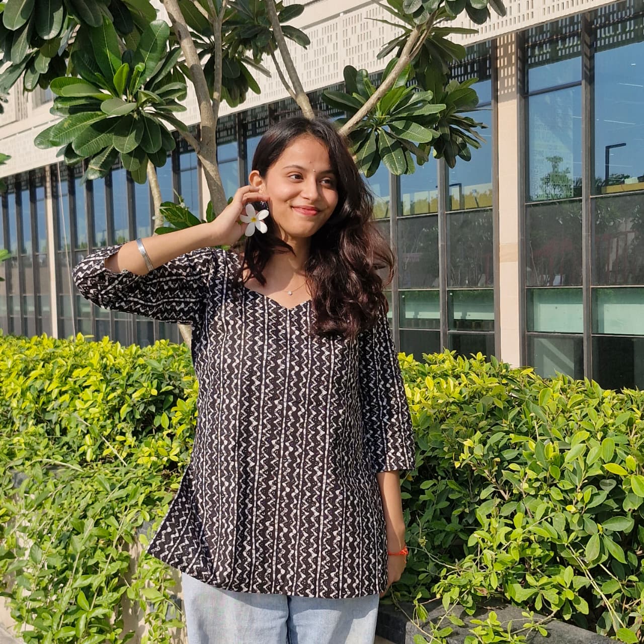 Black Cotton Short Kurti with Sweetheart Neck & Deep Back | 3/4 Sleeves