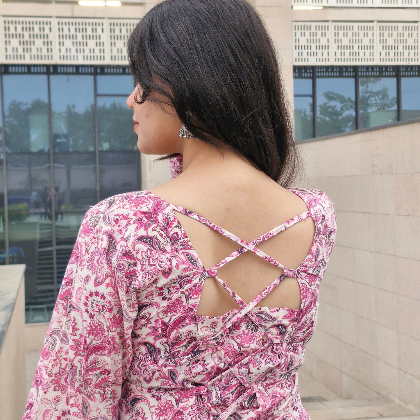 Cotton Printed Long Kurti with Square Neck & Corset Lace-Up Back for Women | Full Sleeves