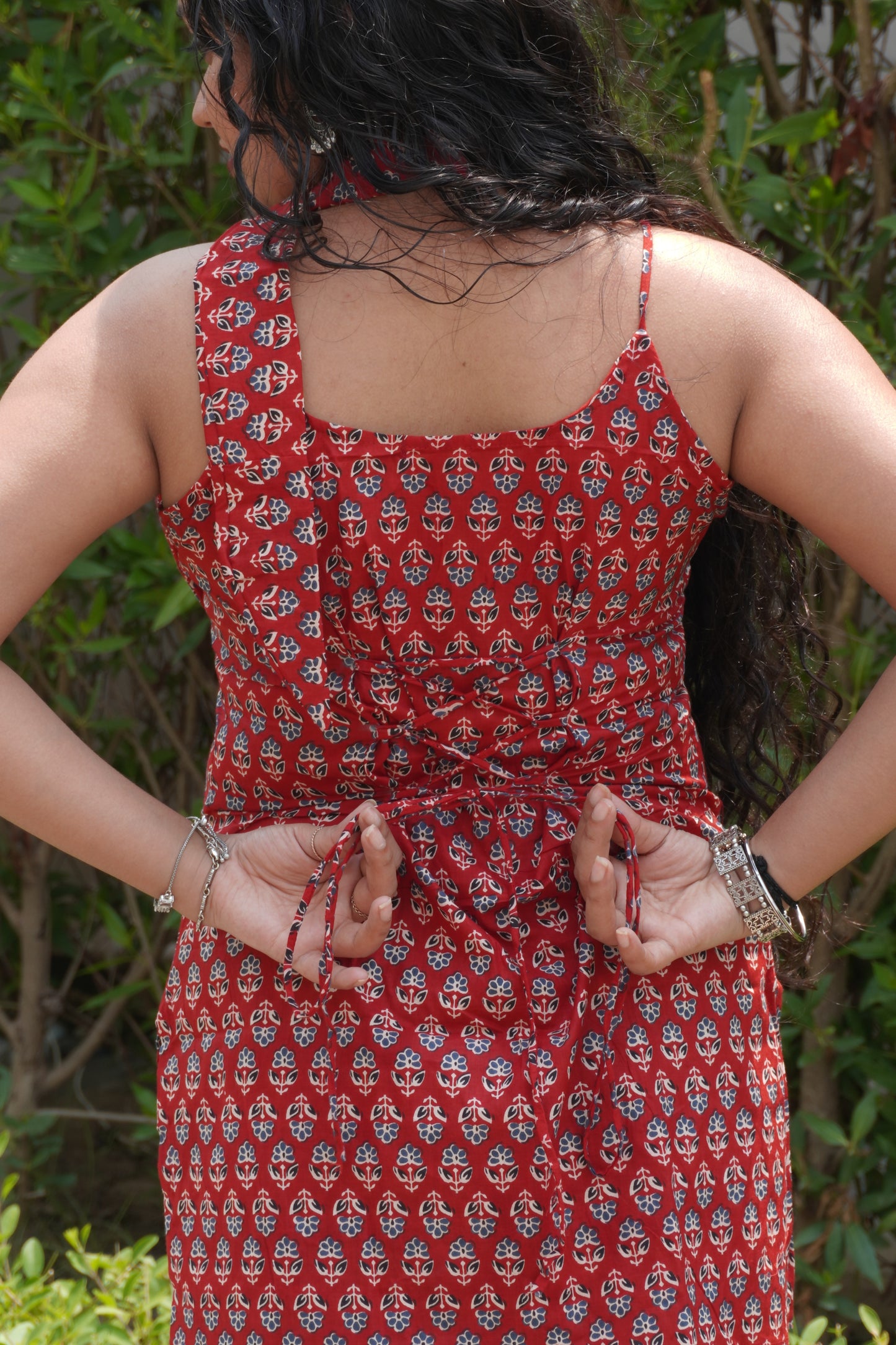 Red Pure Cotton Sleeveless Kurti with Scarf & Corset Back
