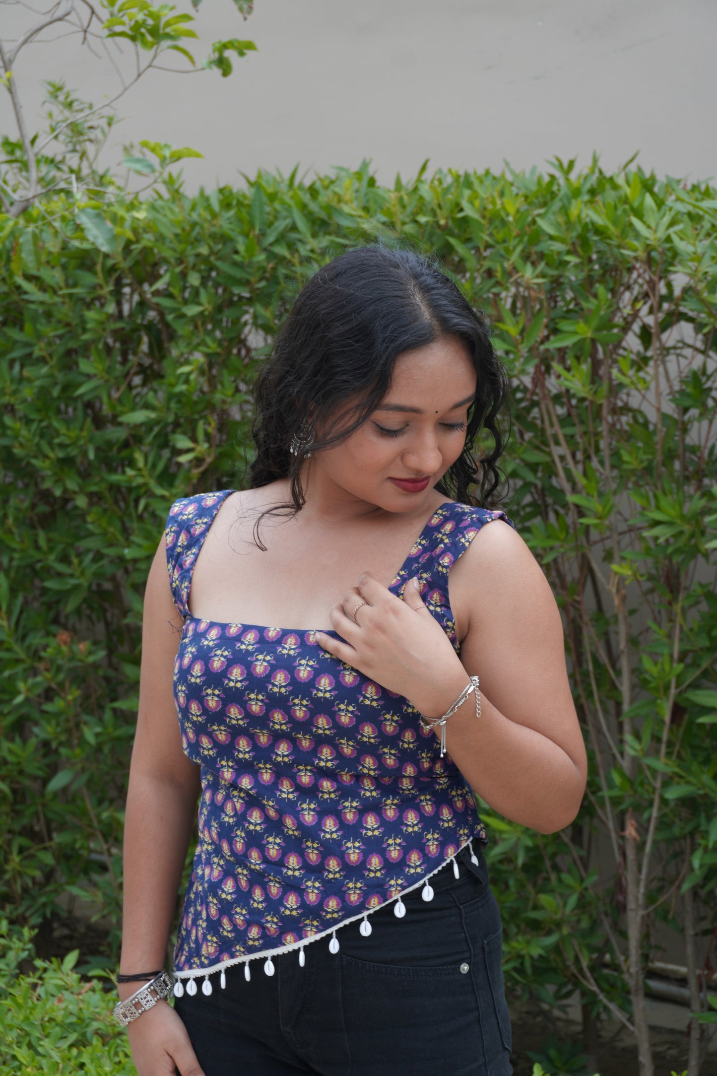 Navy Blue Pure Cotton Printed Backless Top with Corset Tie-Up Back & Shell Lace Hem