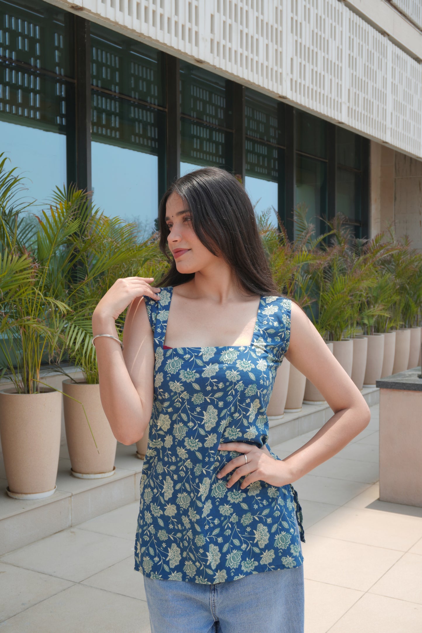 Blue Floral Cotton Backless Tie-Up Short Kurti for Women
