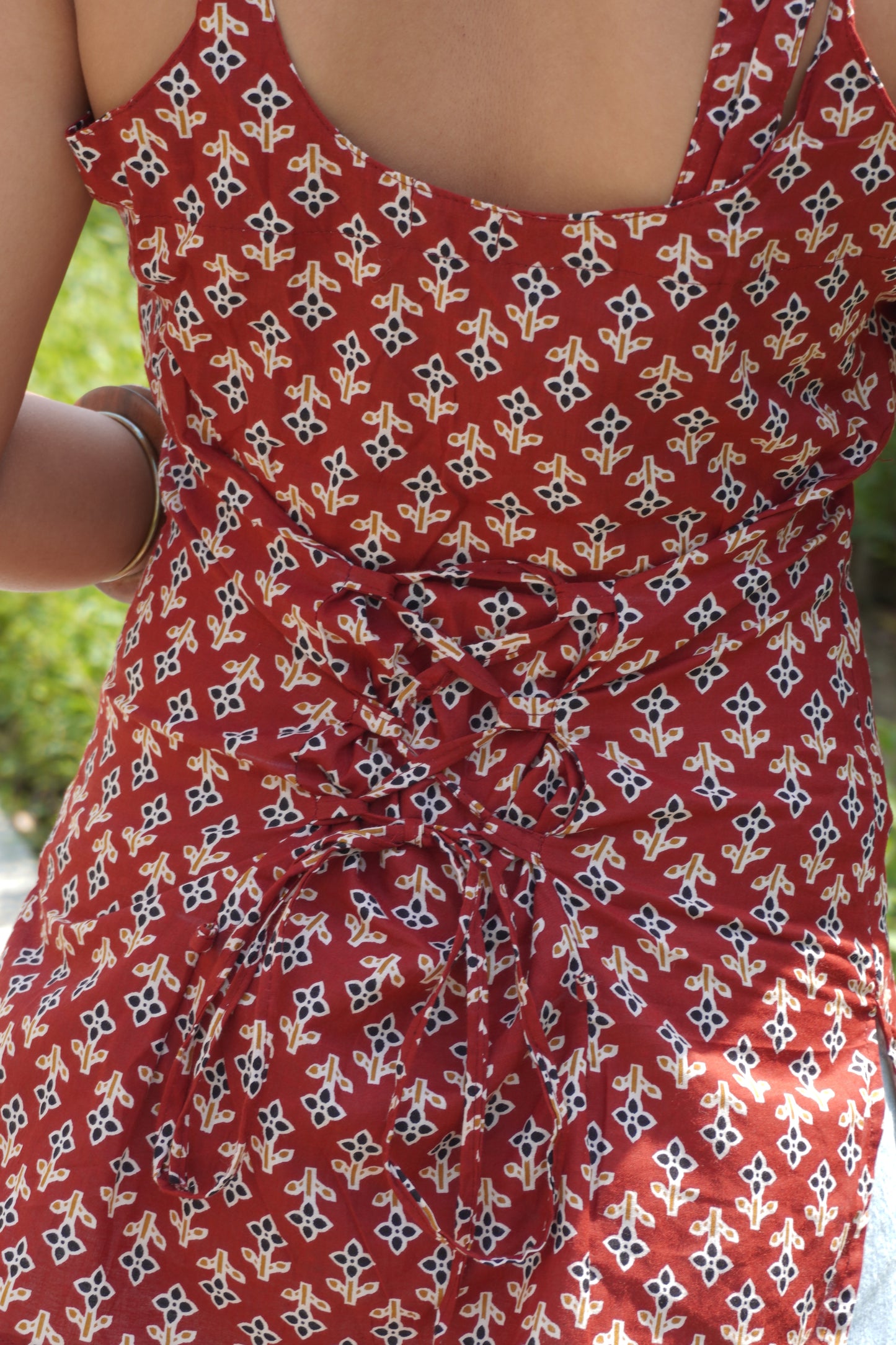 Red Printed Cotton Corset Back Kurti Top with Scarf for Women | Tie-Up Back, Sleeveless Summer Fusion Wear
