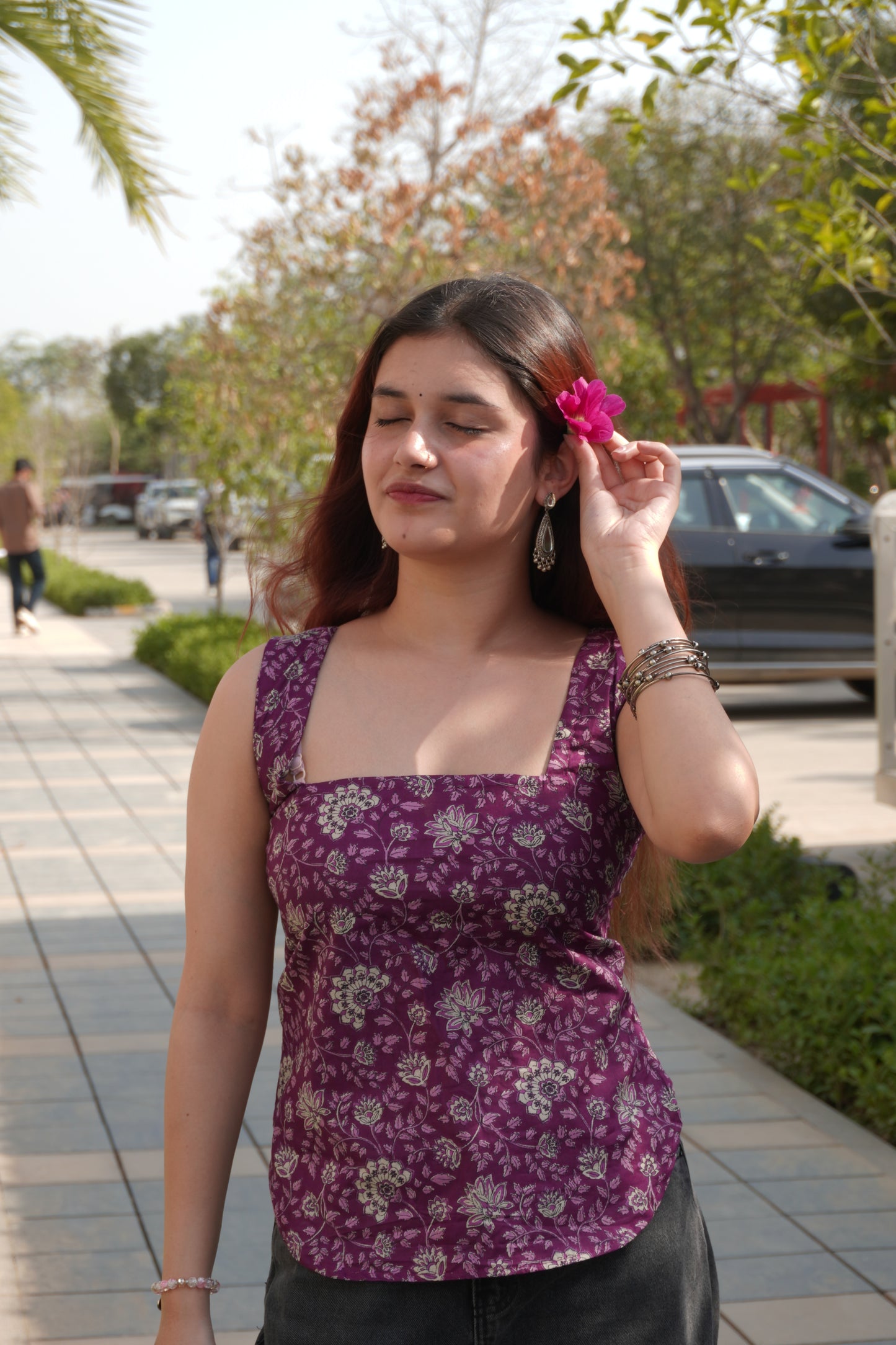 Floral Cotton Purple Backless Corset Top