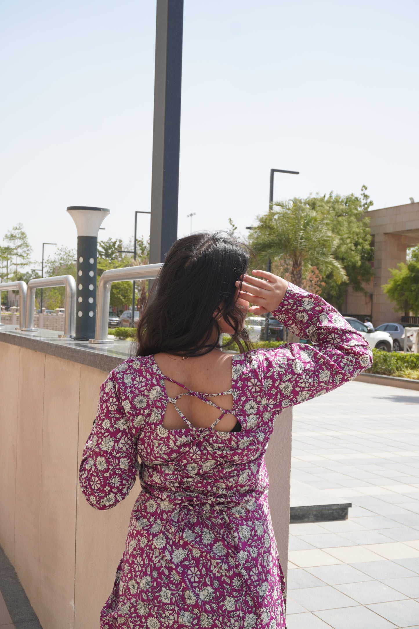 Corset Back Pink Floral Cotton Kurti with Square Neck
