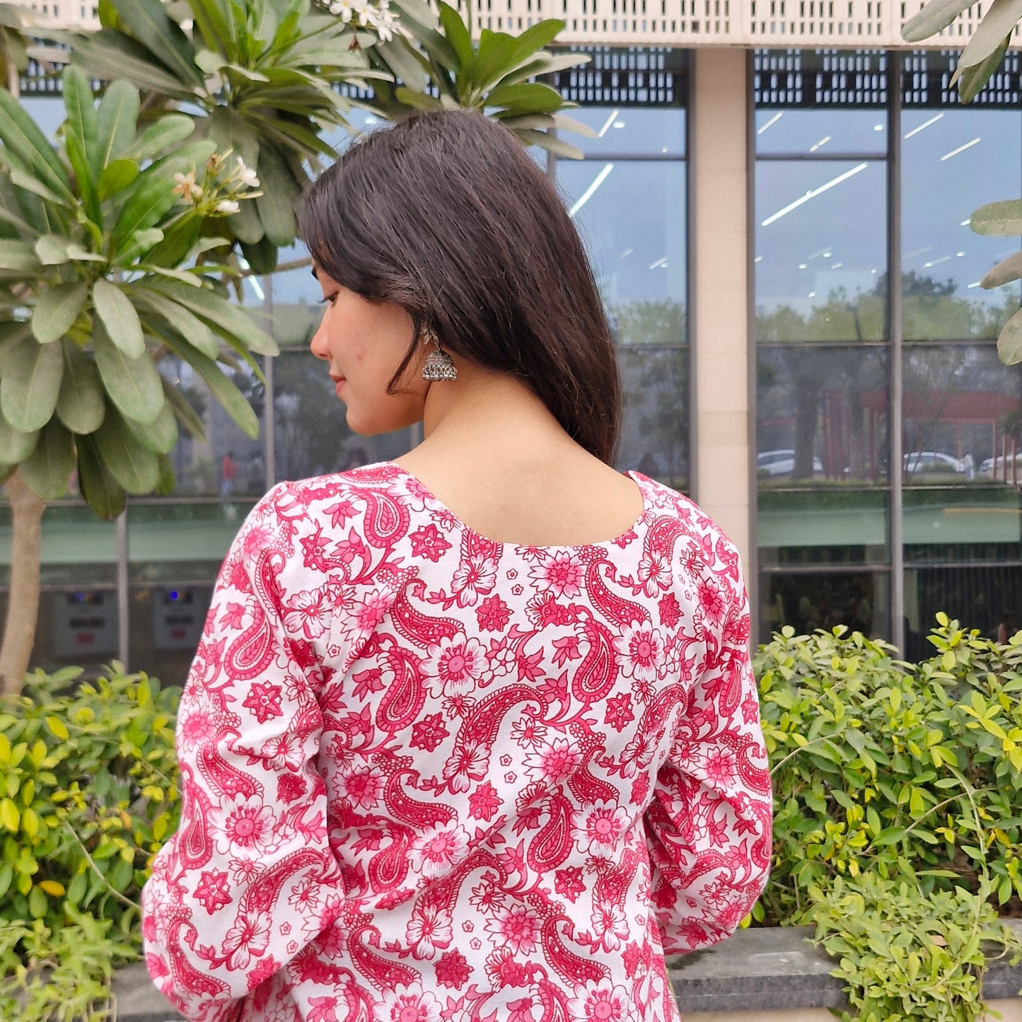 Cotton Printed Short Kurti with Betel Leaf Neck & Bell Sleeves for Women