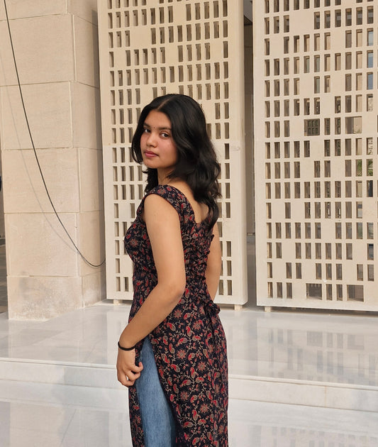 Trending Cotton Sleeveless Long Kurti with Square Neck & Corset Back