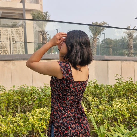 Cotton Sleeveless Short Kurti with Square Neck & Corset Back