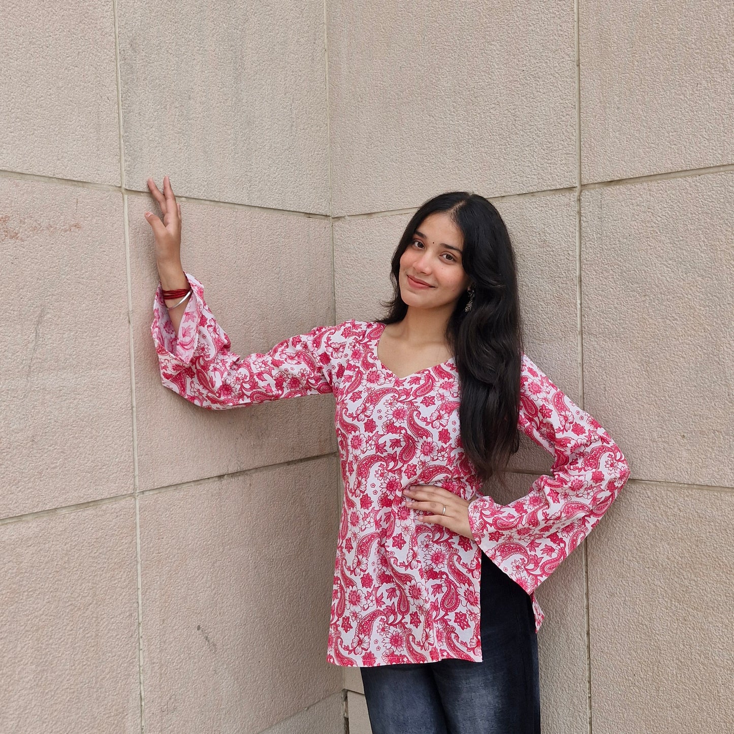 Cotton Printed Short Kurti with Betel Leaf Neck & Bell Sleeves for Women