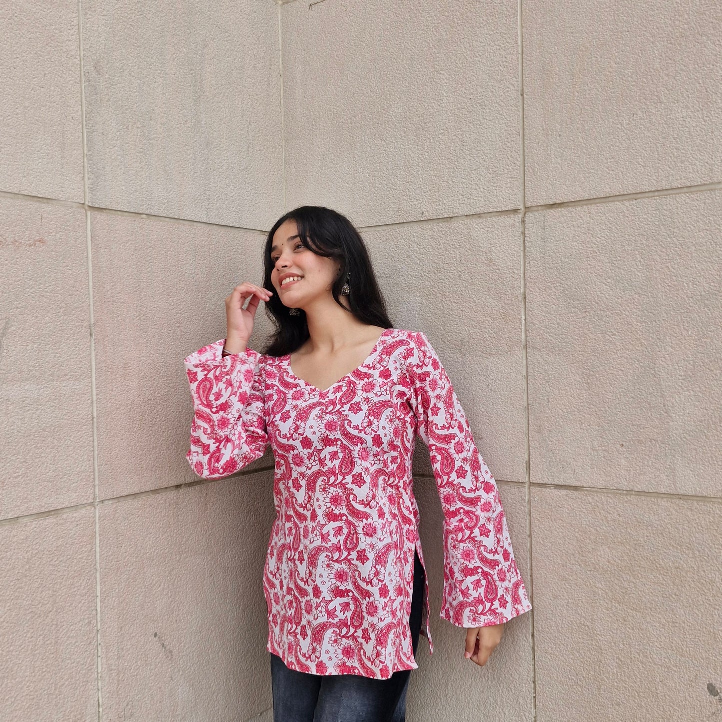 Cotton Printed Short Kurti with Betel Leaf Neck & Bell Sleeves for Women