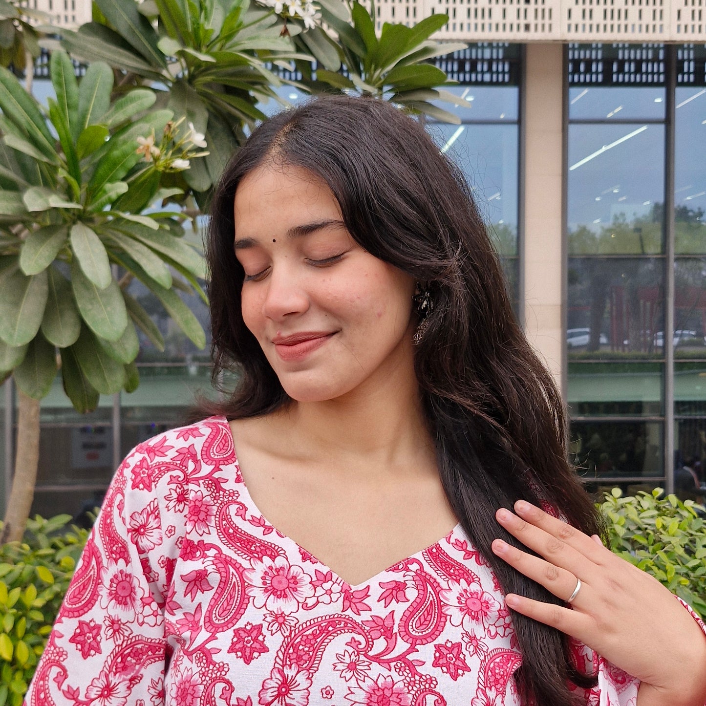 Cotton Printed Short Kurti with Betel Leaf Neck & Bell Sleeves for Women