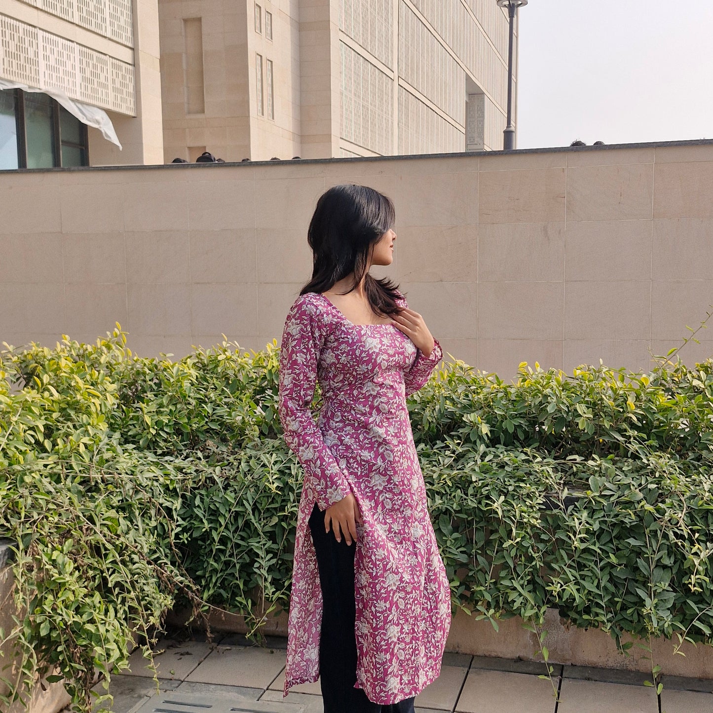 Women Cotton Printed Long Kurti with Square Neck, Full Sleeves & Corset Lace-Up Back