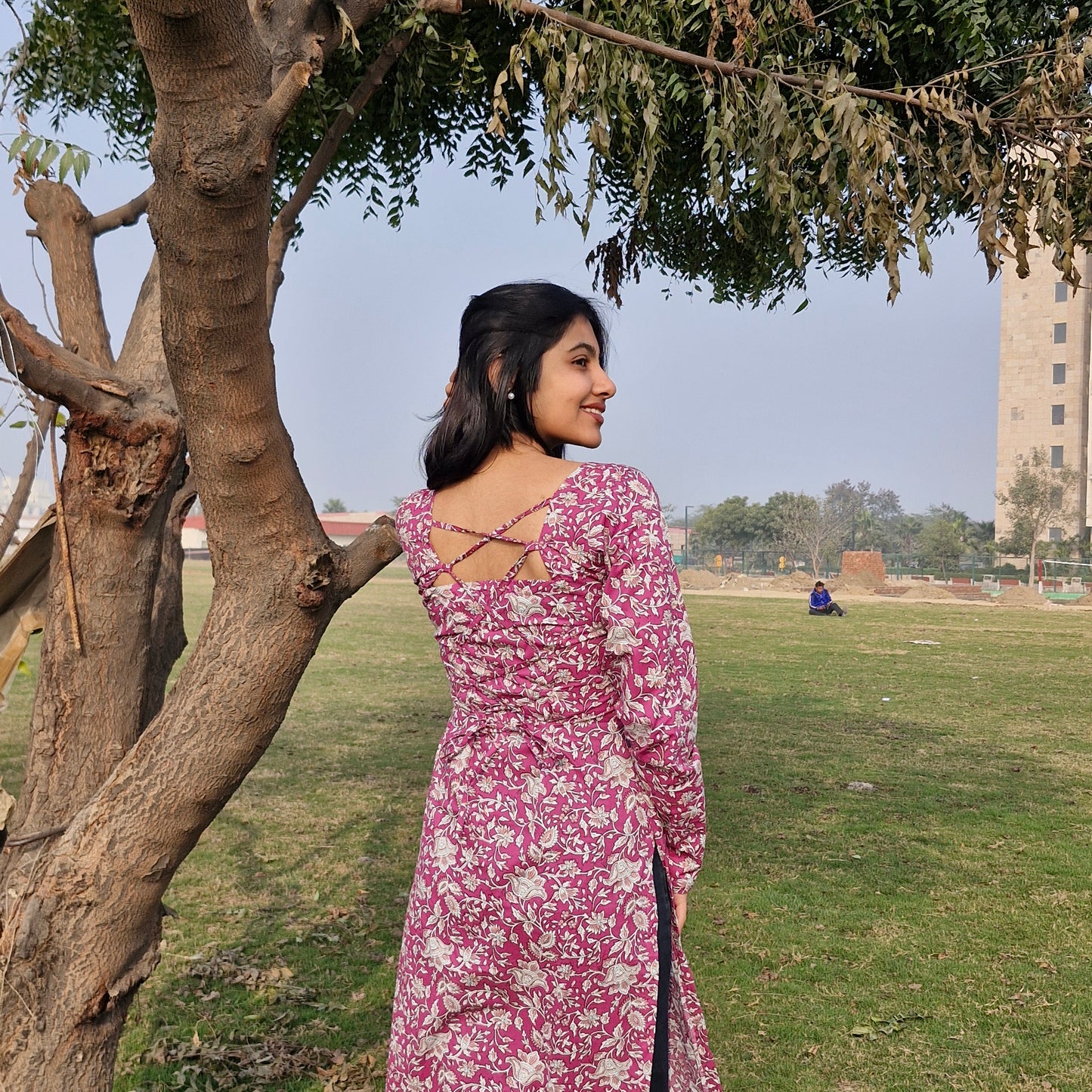 Women Cotton Printed Long Kurti with Square Neck, Full Sleeves & Corset Lace-Up Back