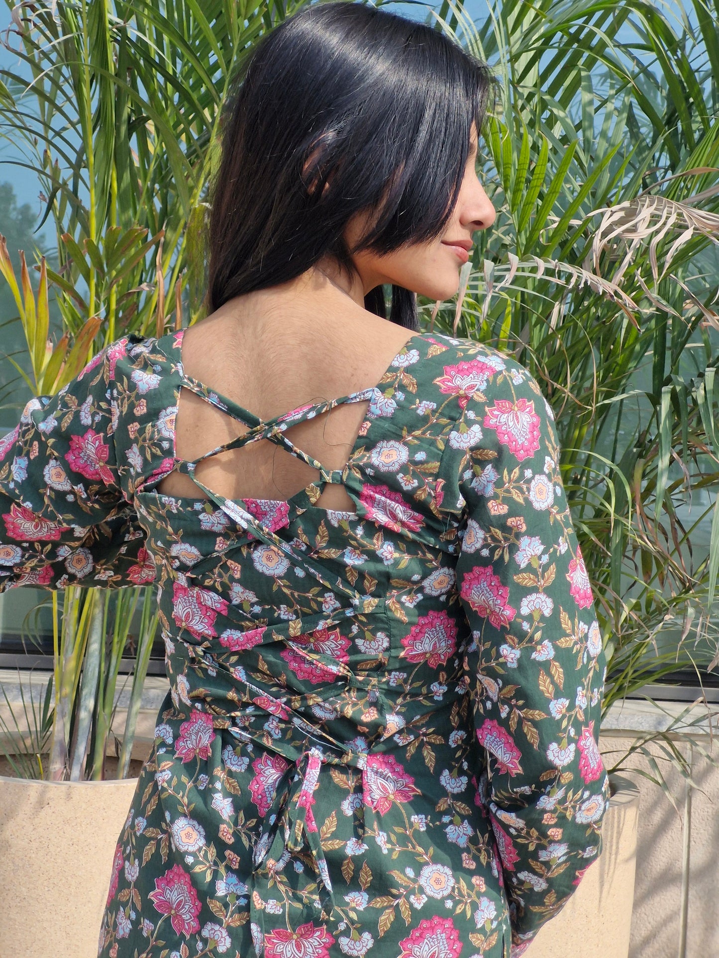 Green Floral Print Cotton Long Kurti with Square Neck & Corset Back