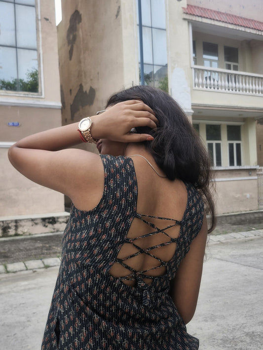 Indiraa - Trending Women’s Backless Short Cotton Kurti | Olive Green Sleeveless Kurti Top for College & Office Wear