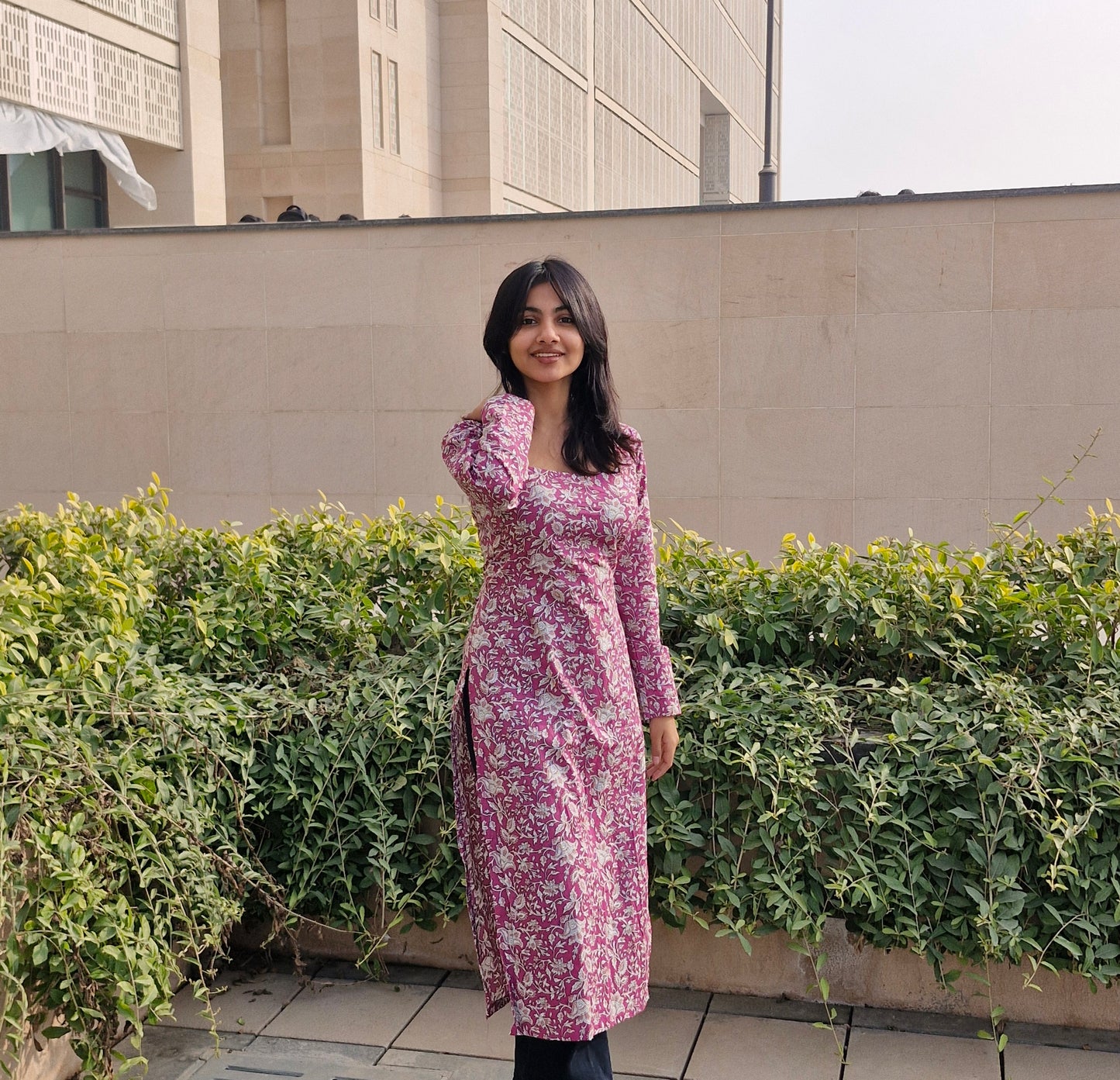 Women Cotton Printed Long Kurti with Square Neck, Full Sleeves & Corset Lace-Up Back