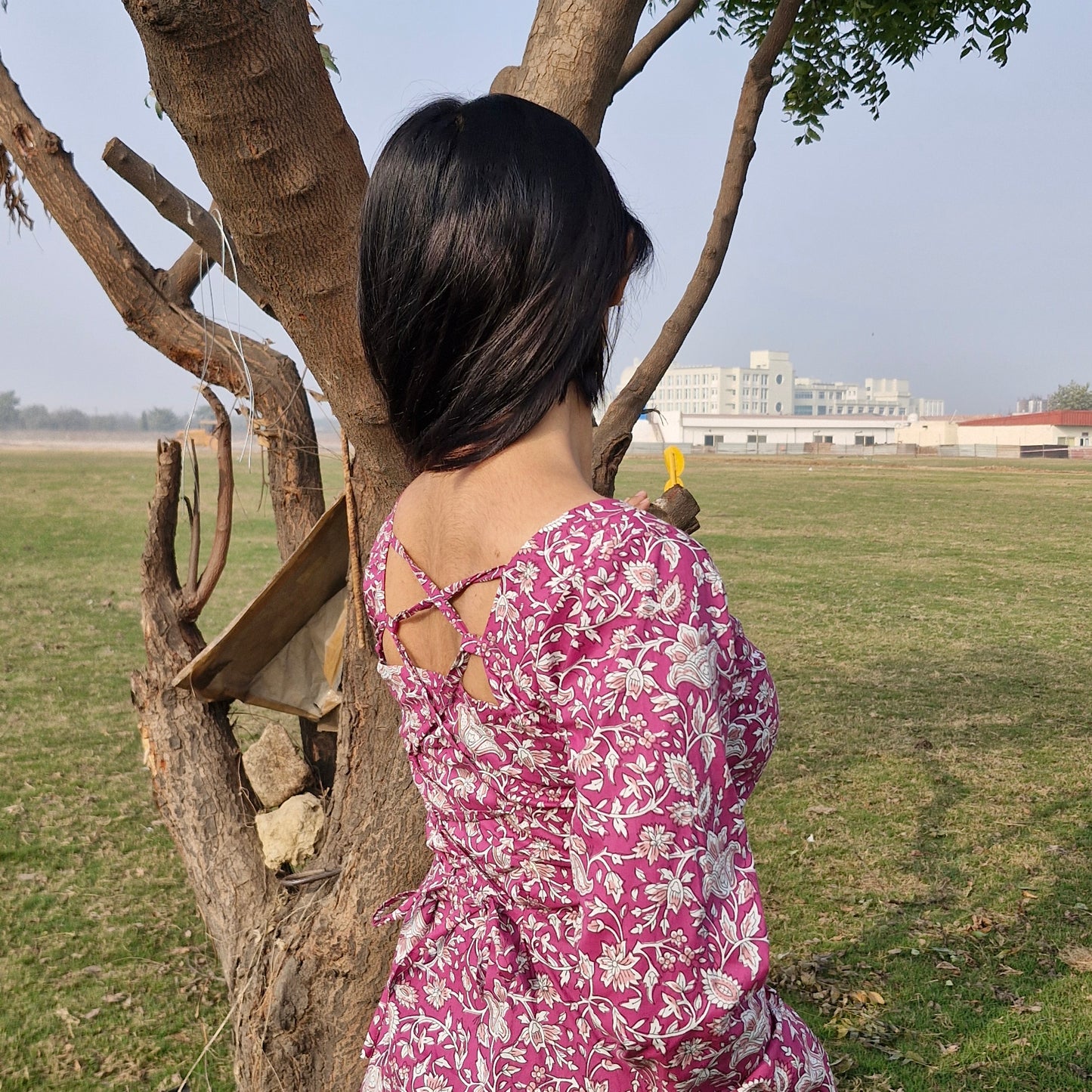 Women Cotton Printed Long Kurti with Square Neck, Full Sleeves & Corset Lace-Up Back