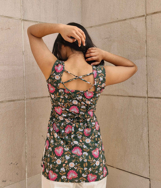Cotton Green Sleeveless Short Kurti with Corset Back & Square Neck