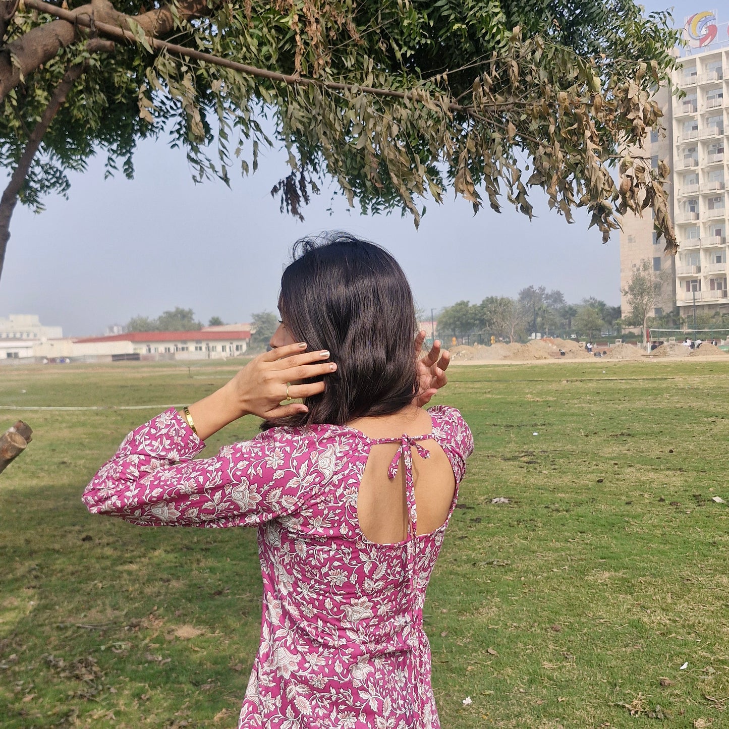 Women Cotton Printed Long Backless Kurti with Square Neck, Full Sleeves & Tie-Up Back