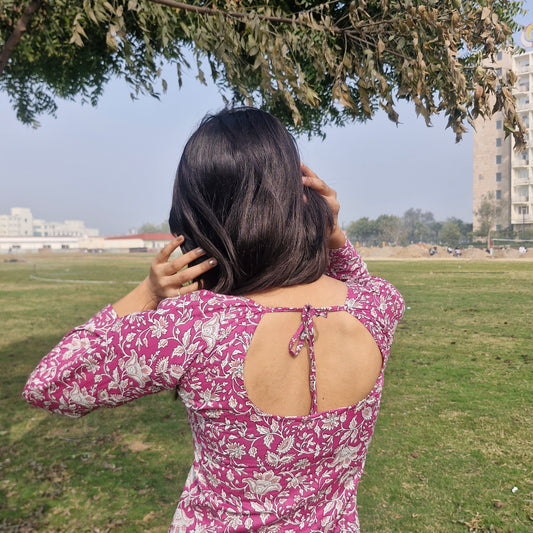 Women Cotton Printed Long Backless Kurti with Square Neck, Full Sleeves & Tie-Up Back