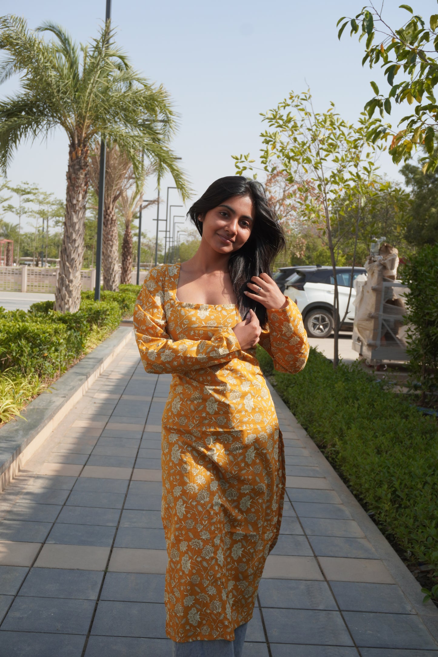 Mustard Floral Corset Back Cotton Kurti