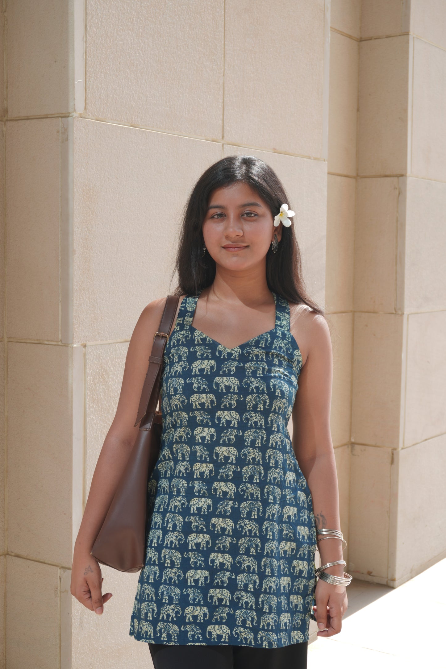 Elephant Print Cotton Backless Kurti – Sleeveless Cross-Back Summer Top