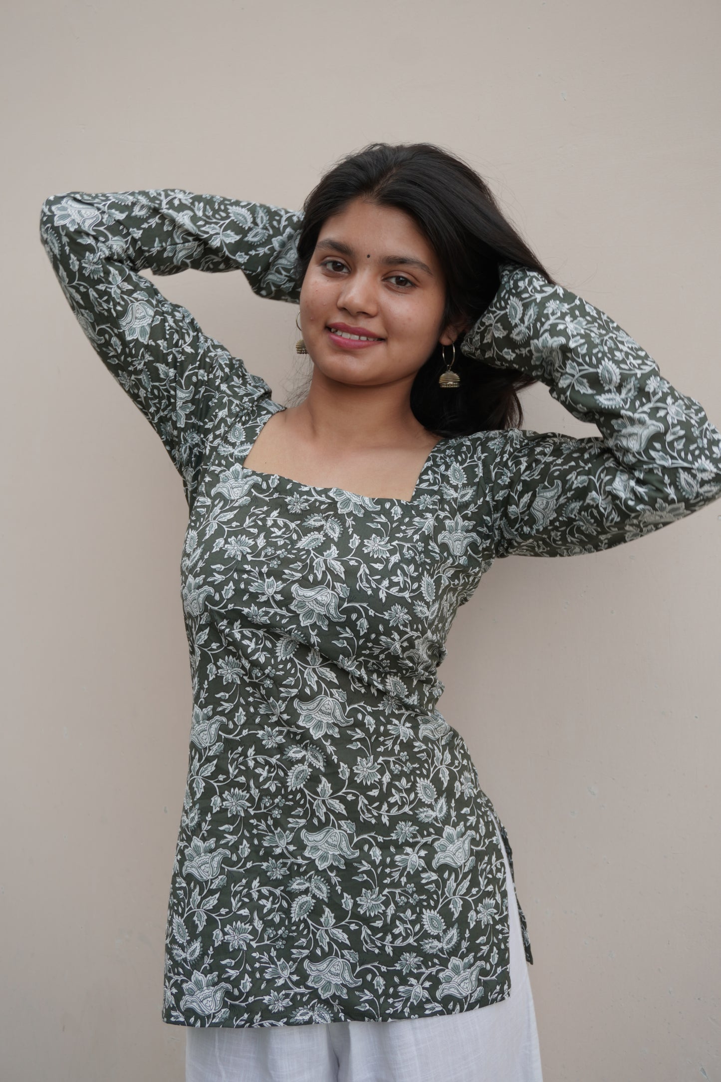 Green Floral Pure Cotton Short Kurti with Corset Back