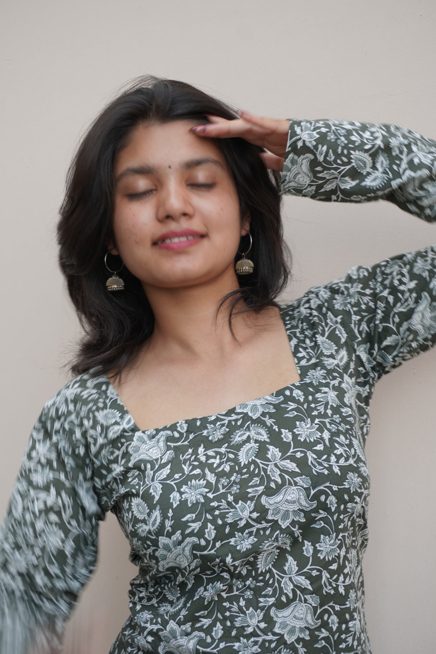 Green Floral Pure Cotton Short Kurti with Corset Back