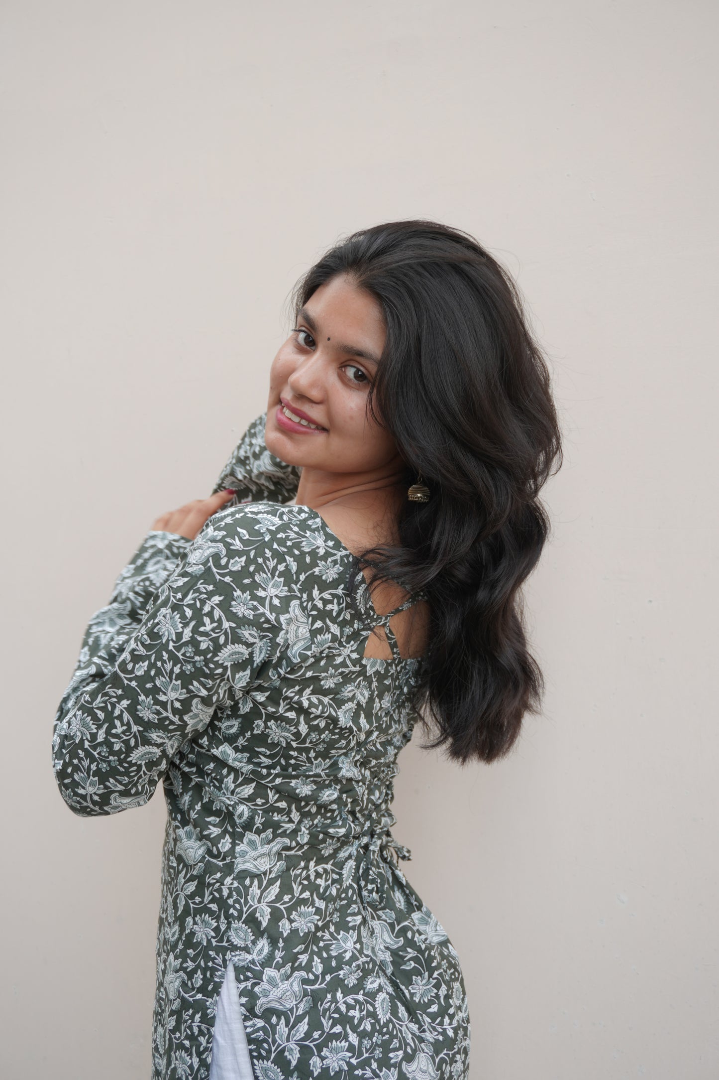 Green Floral Pure Cotton Short Kurti with Corset Back