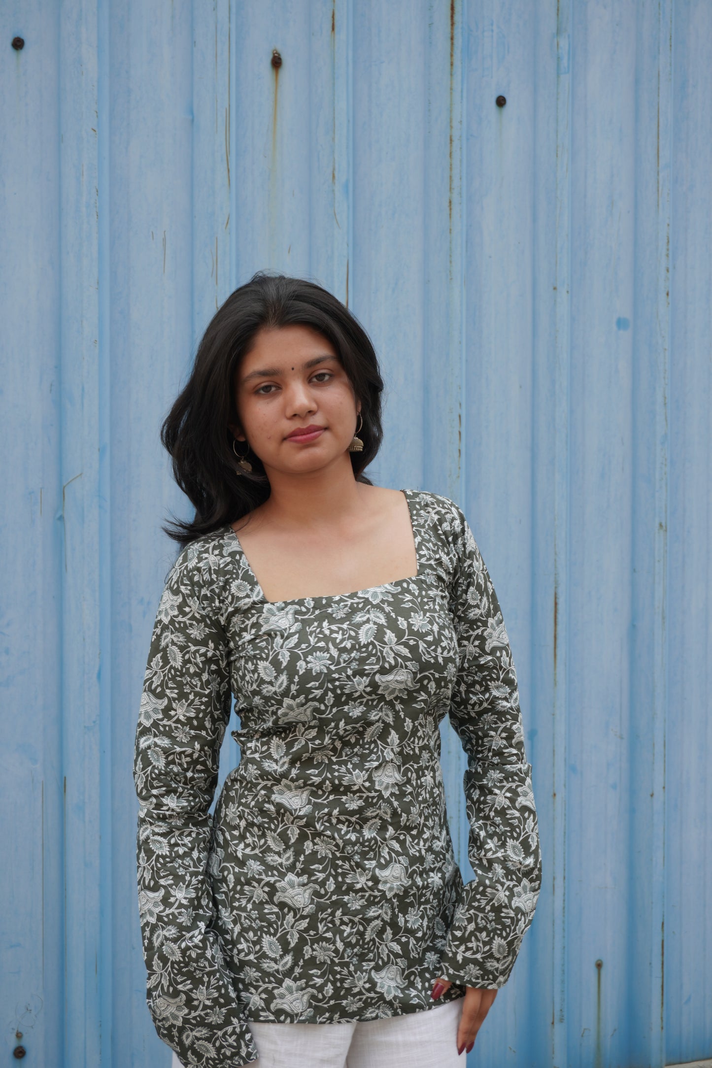 Green Floral Pure Cotton Short Kurti with Corset Back