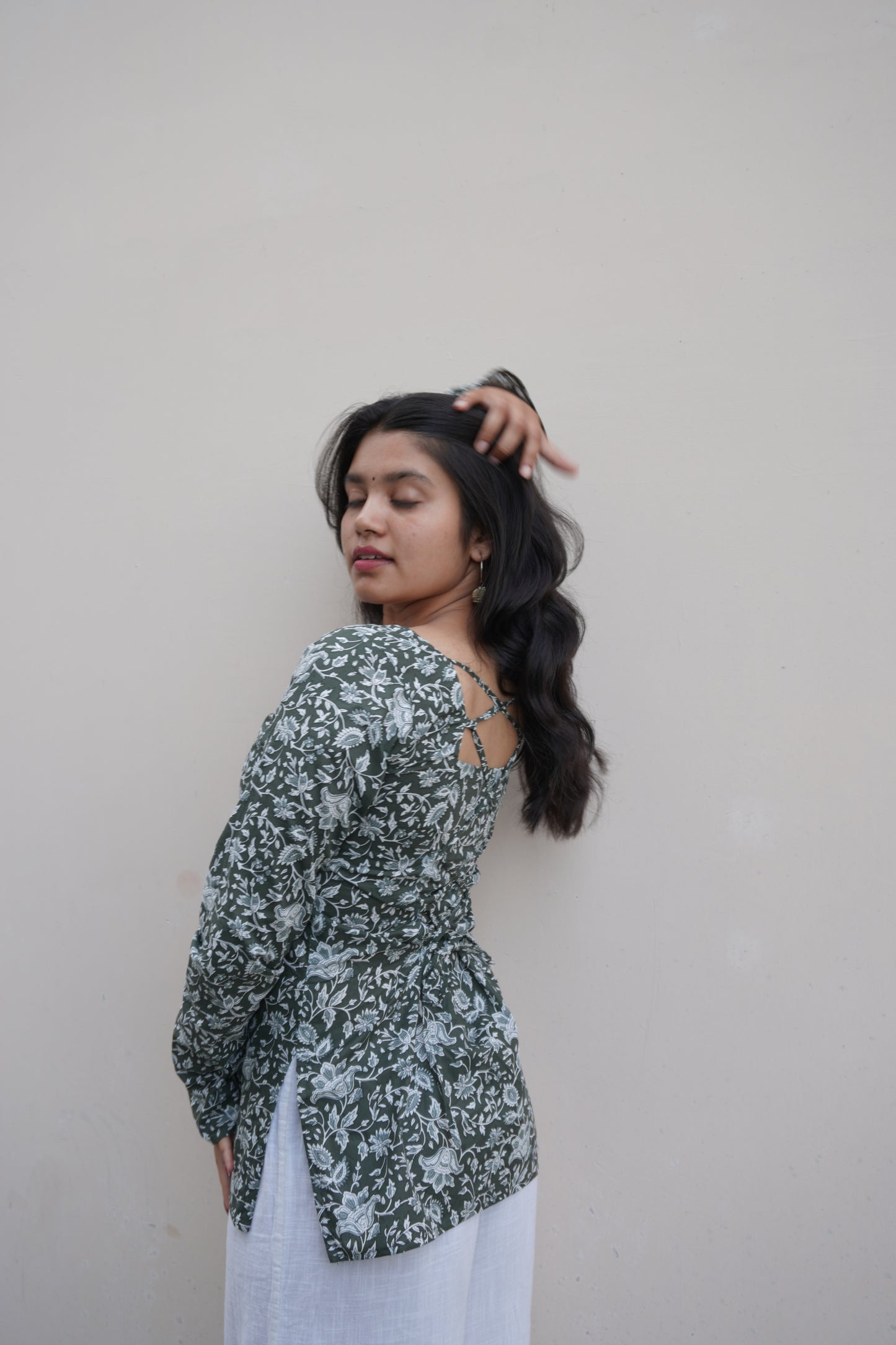 Green Floral Pure Cotton Short Kurti with Corset Back