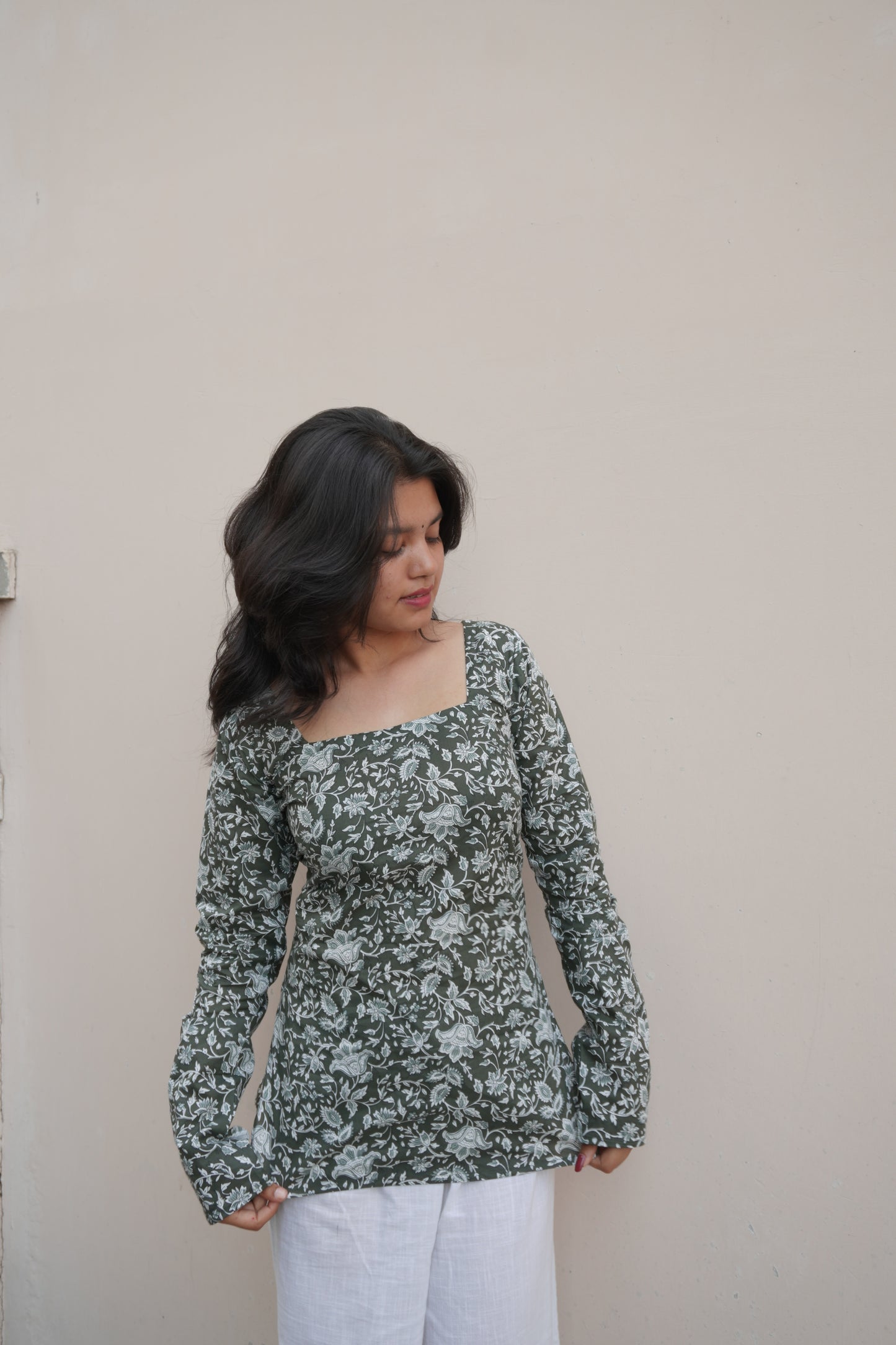 Green Floral Pure Cotton Short Kurti with Corset Back