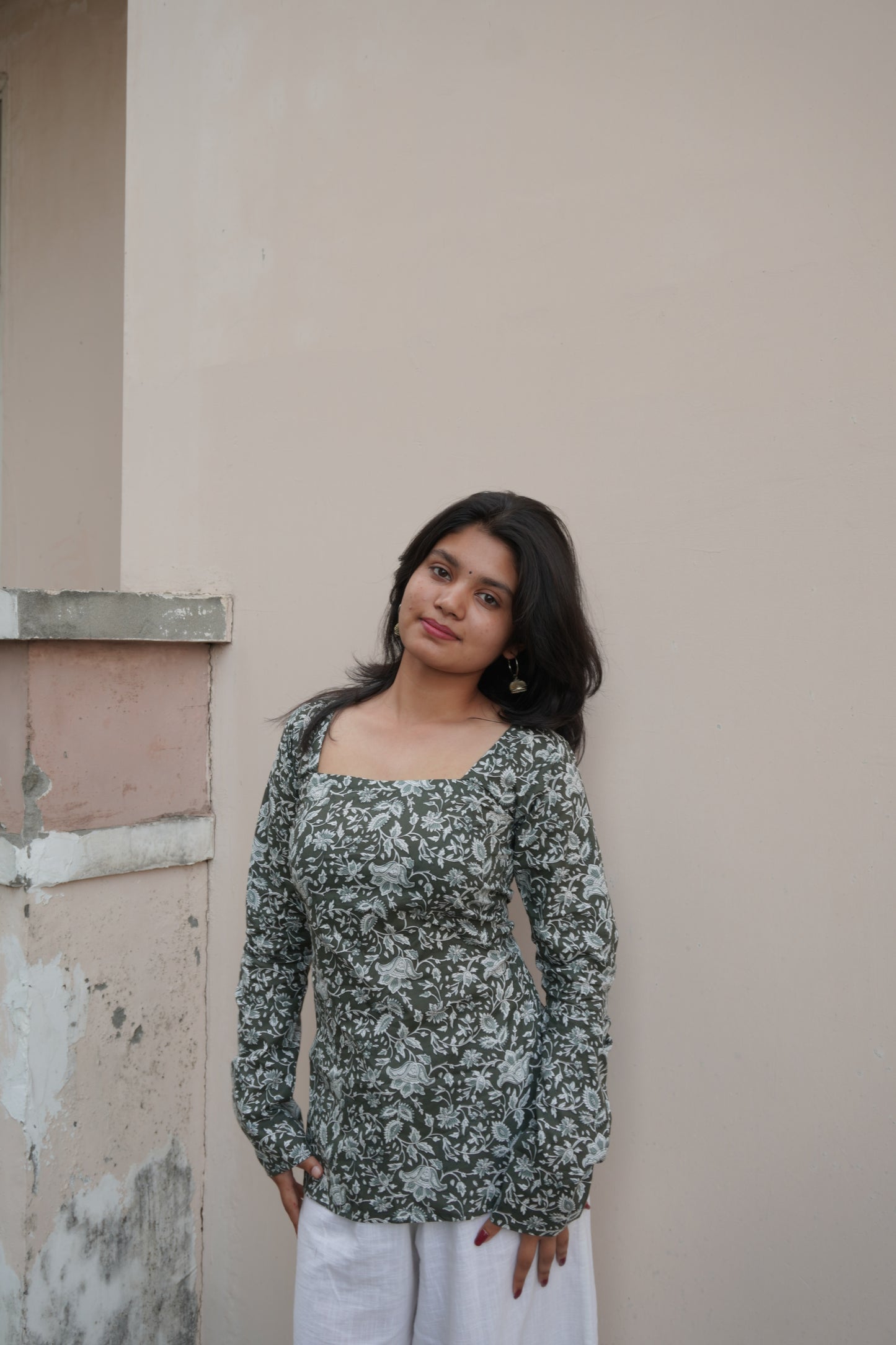 Green Floral Pure Cotton Short Kurti with Corset Back