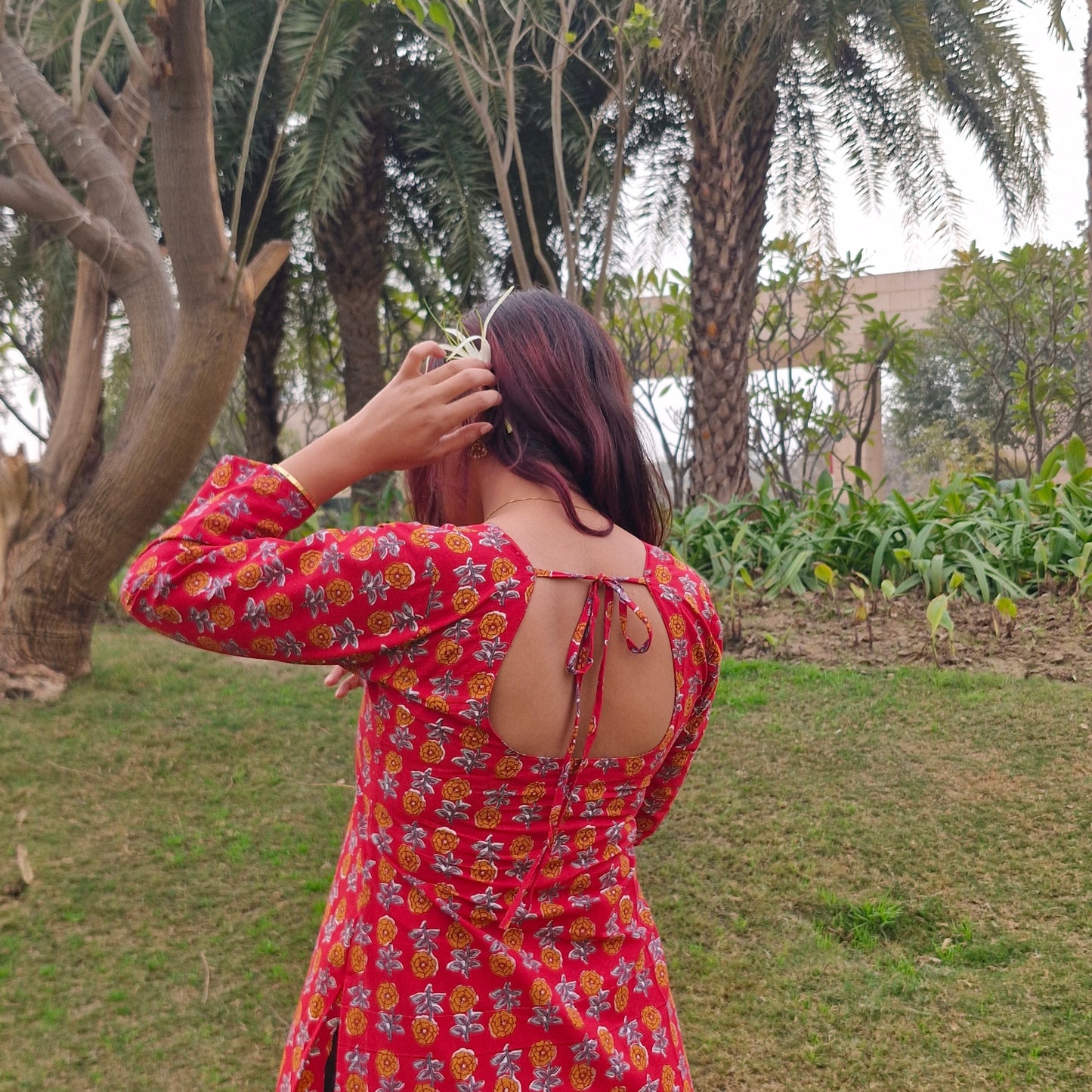 Red Cotton Backless Short Kurti