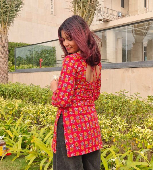Red Cotton Backless Short Kurti