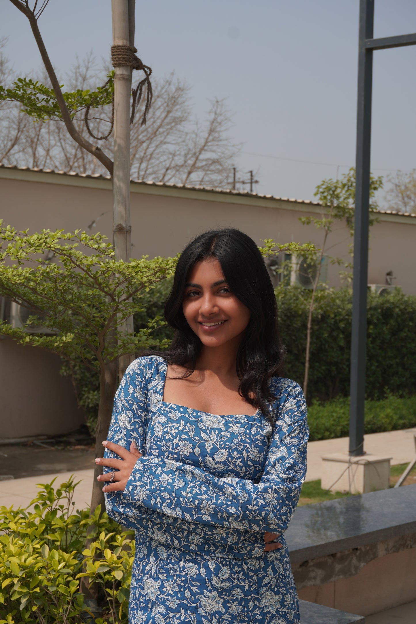 Blue Floral Corset Back Cotton Kurti