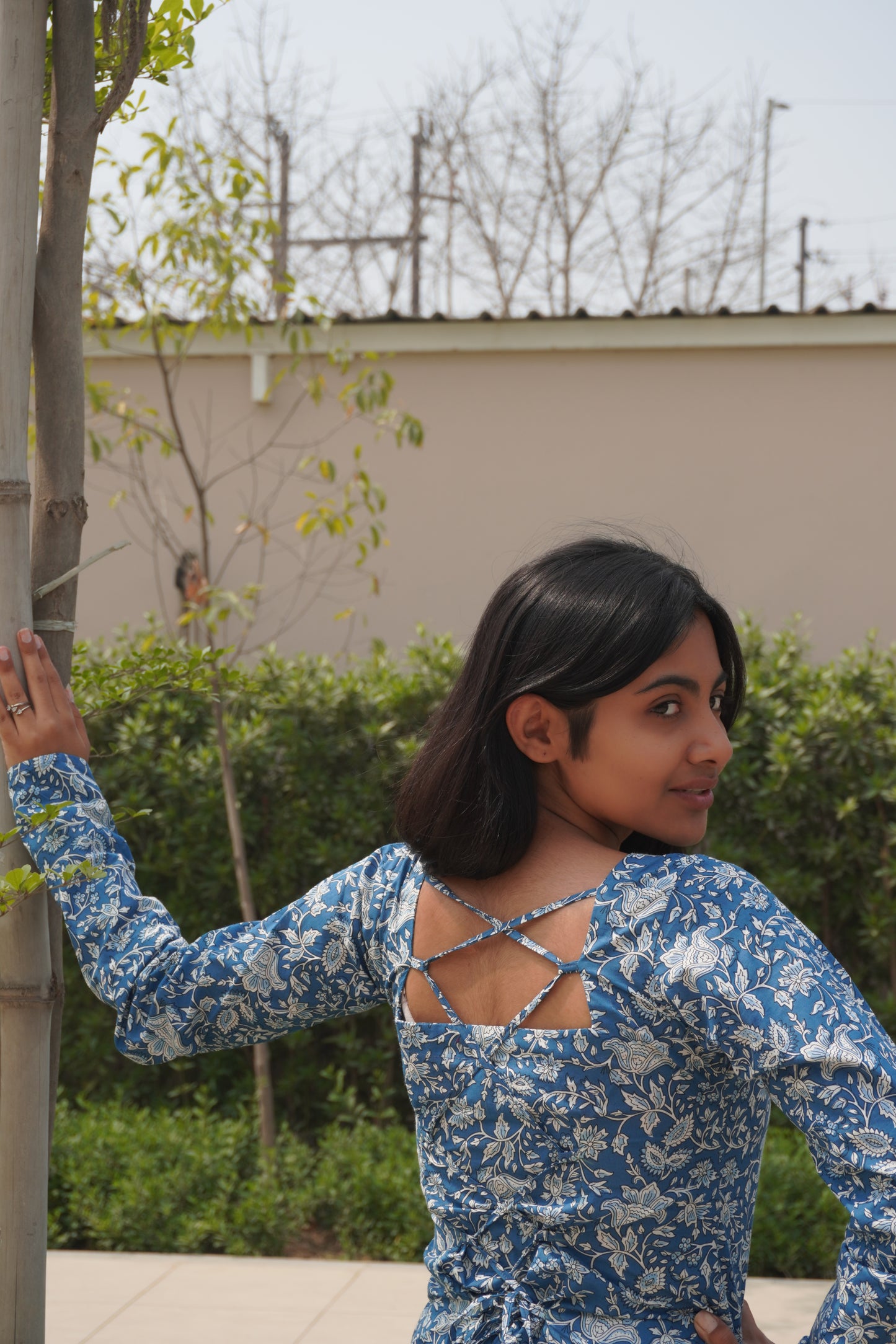 Blue Floral Corset Back Cotton Kurti
