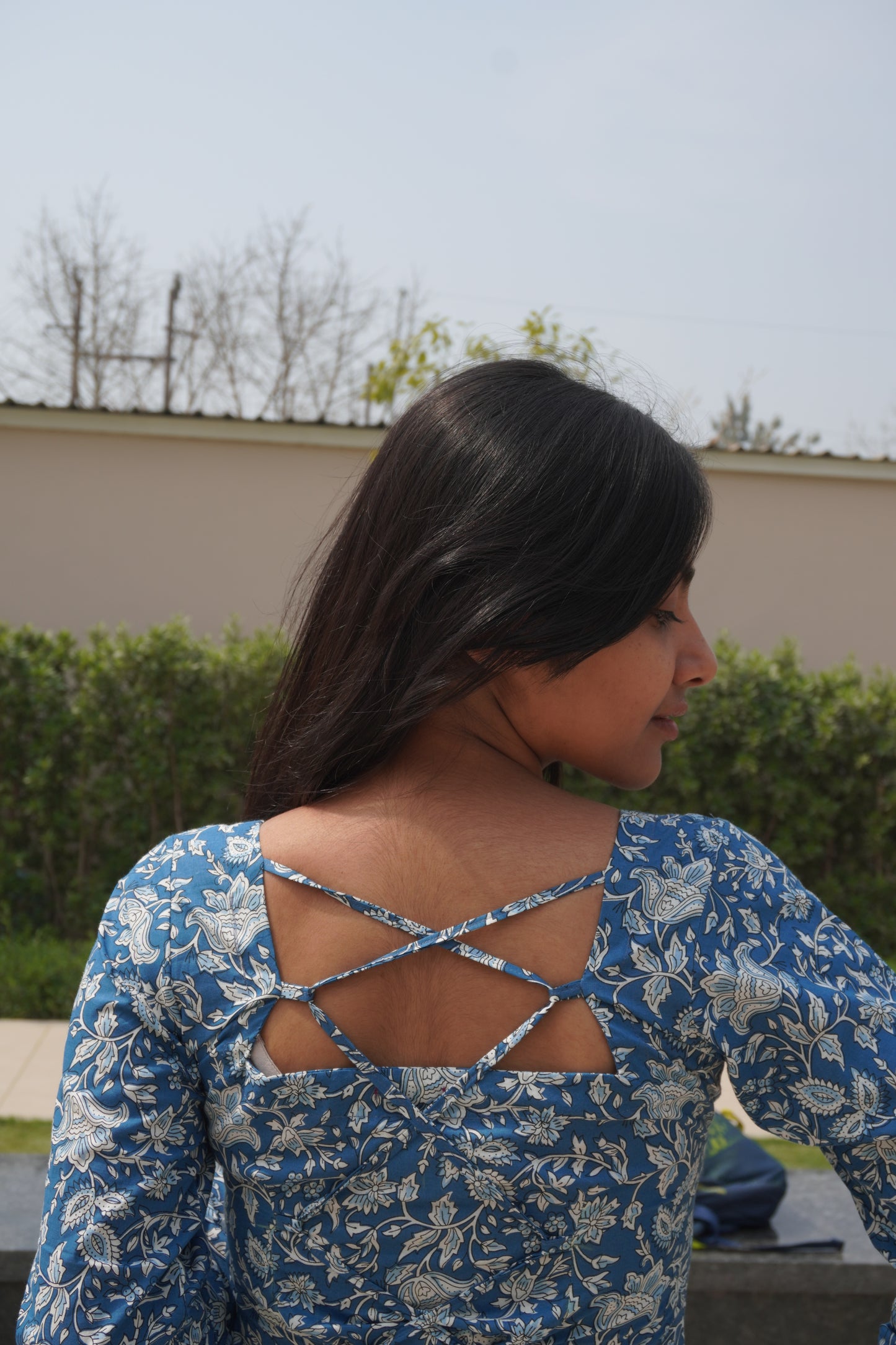 Blue Floral Corset Back Cotton Kurti