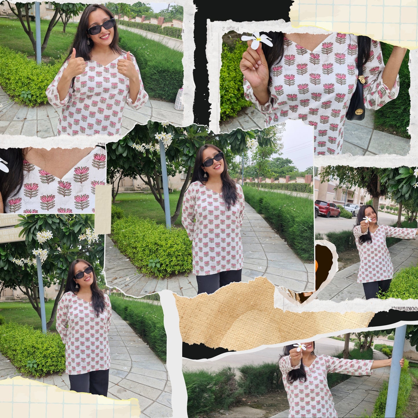 Floraya - White Kurti With Mini Pink Flowers