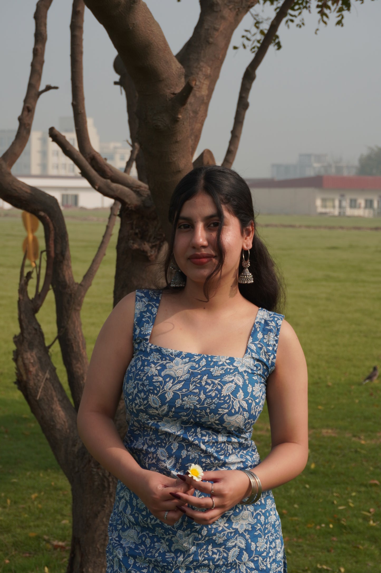 Blue Floral Cotton Short Kurti with Corset Back – Square Neck Sleeveless Kurti for Women