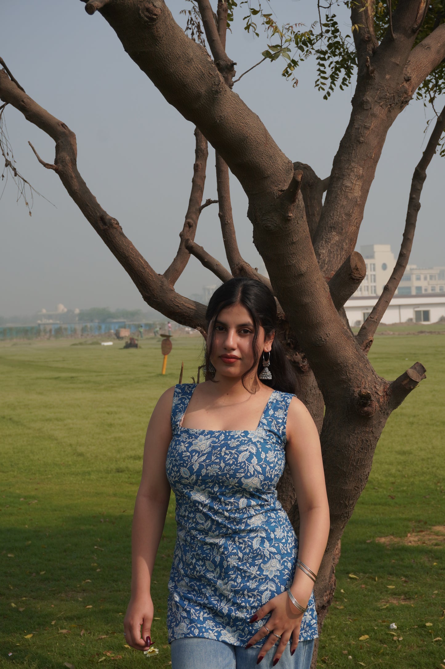 Blue Floral Cotton Short Kurti with Corset Back – Square Neck Sleeveless Kurti for Women