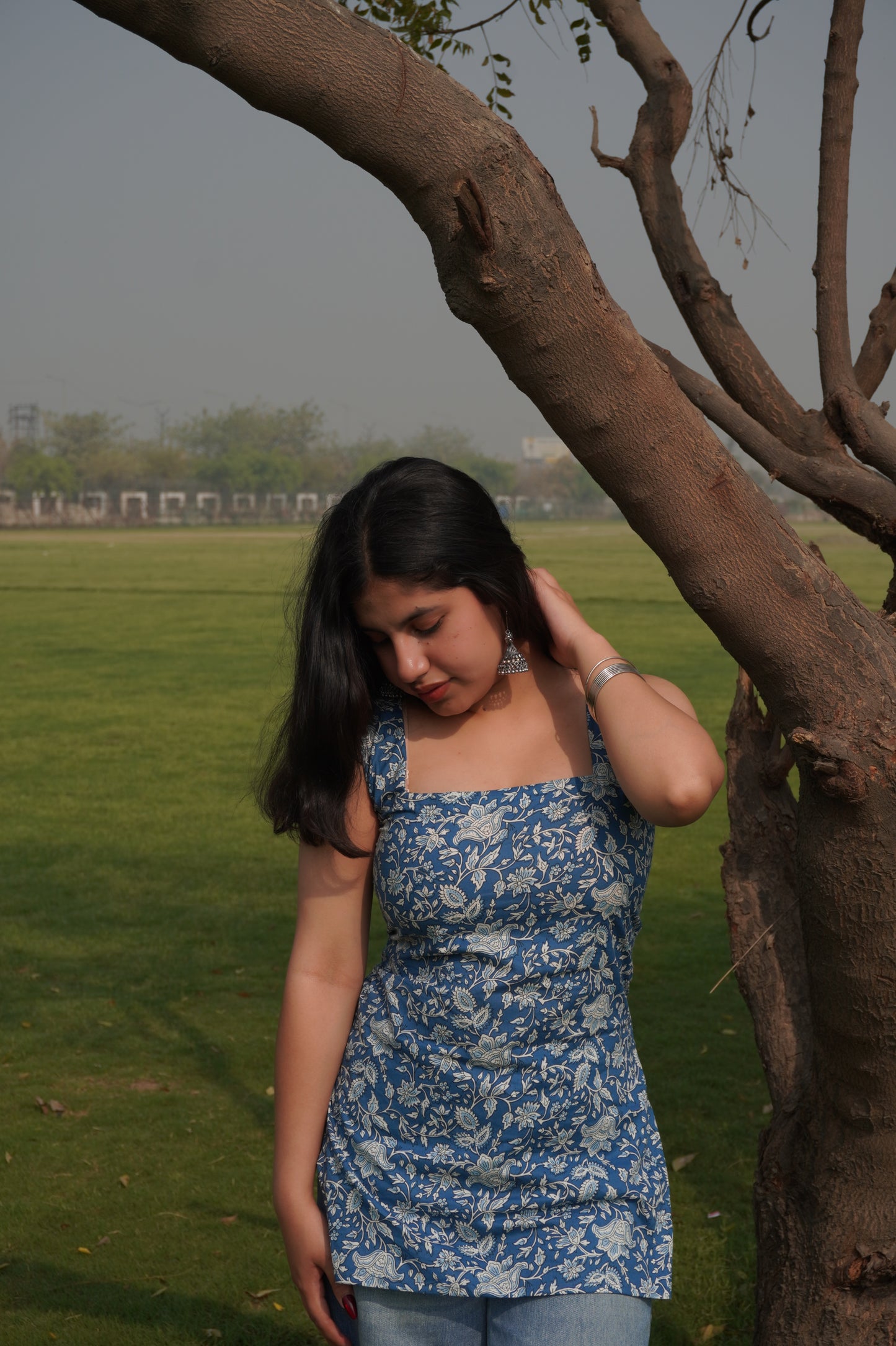 Blue Floral Cotton Short Kurti with Corset Back – Square Neck Sleeveless Kurti for Women