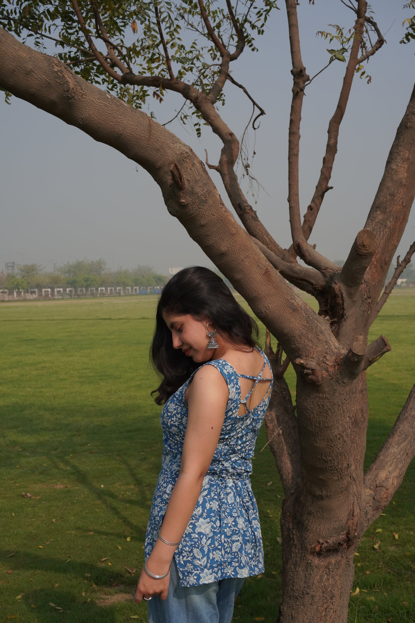Blue Floral Cotton Short Kurti with Corset Back – Square Neck Sleeveless Kurti for Women