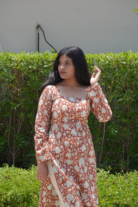 Orange Blossom Corset Back Long Cotton Kurti