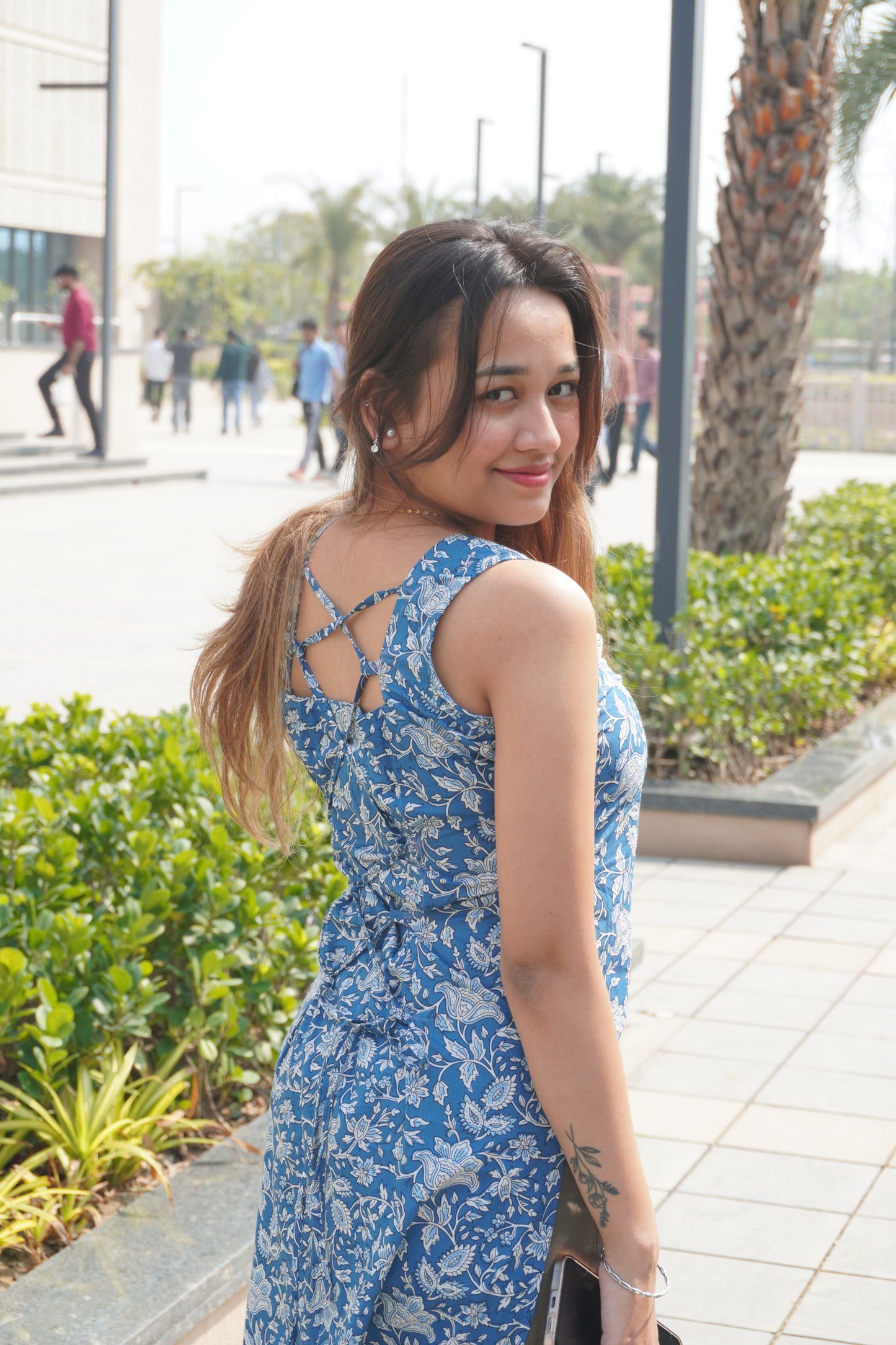 Blue Floral Cotton Corset Back Kurti
