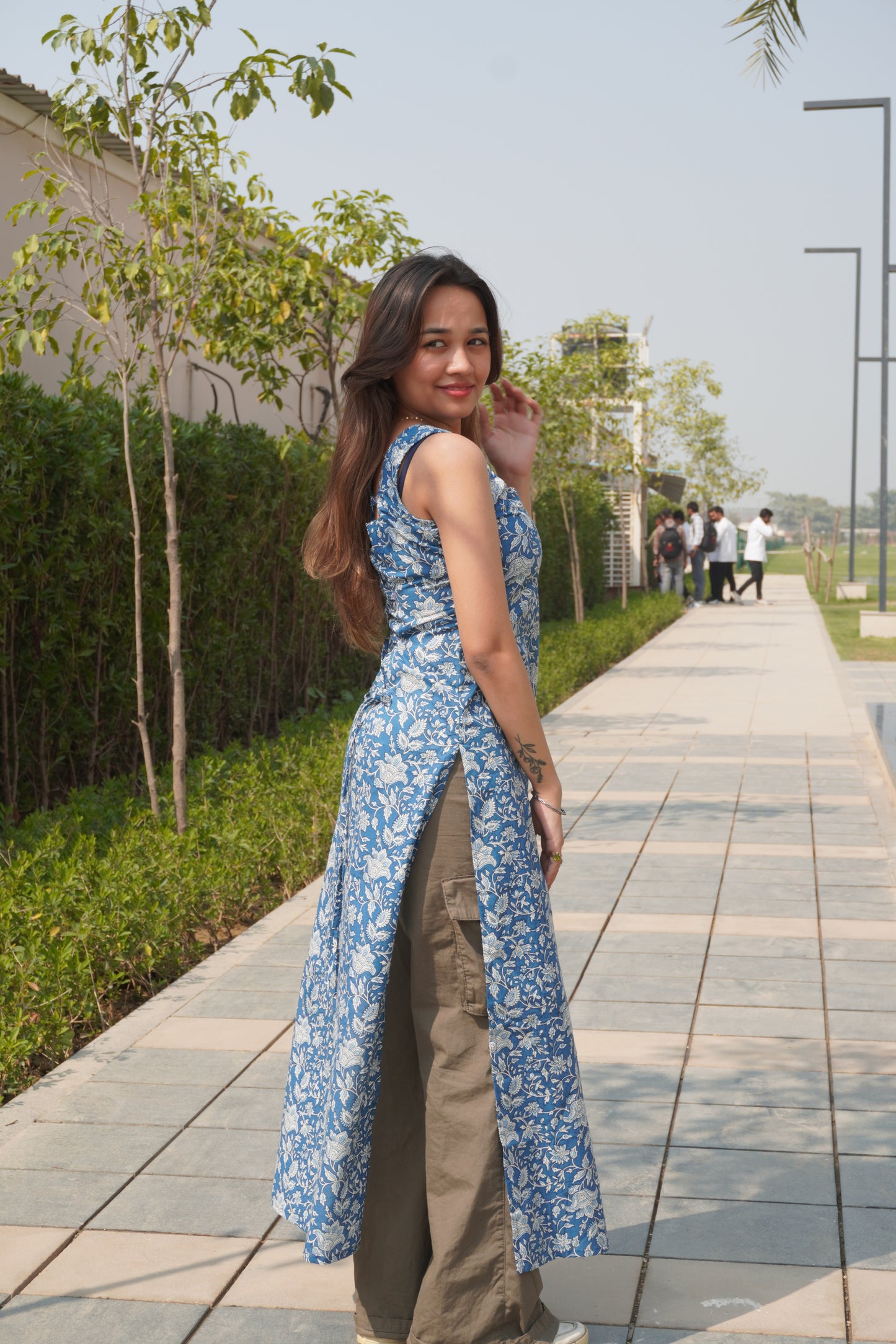 Blue Floral Cotton Corset Back Kurti