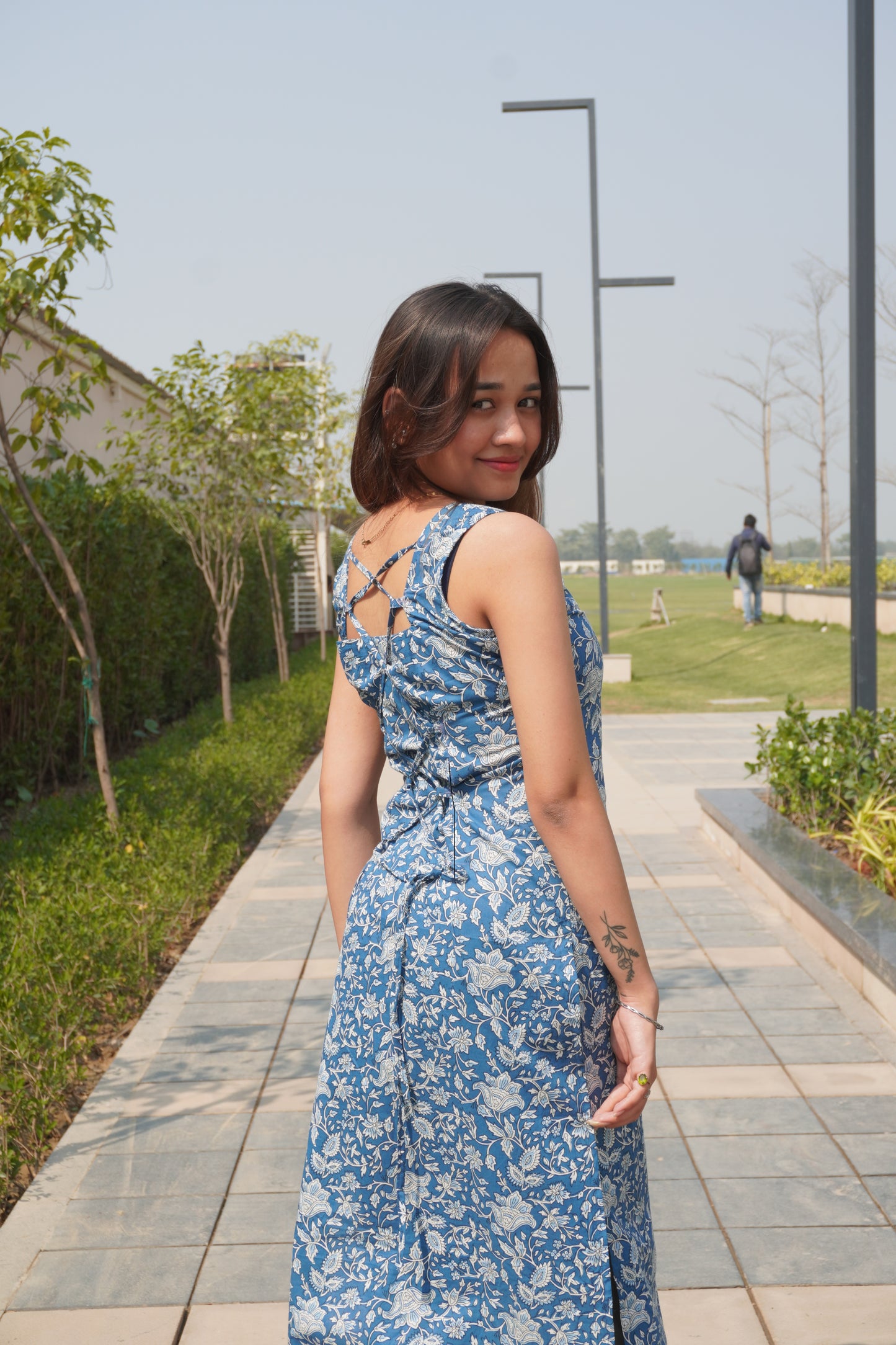 Blue Floral Cotton Corset Back Kurti